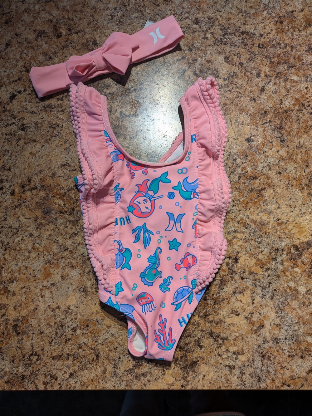 Hurley Girls Pink Ruffle Mermaid One-Piece Swimsuit with Headband